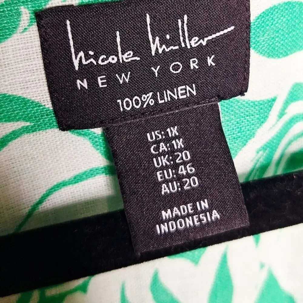 Nicole Miller 100% Linen Tunic Top 1X Pineapple Shells Palm Tropical Beach Green
